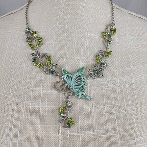 Betsy Johnson Butterfly Statement Necklace Green Rhinestone Silver Tone Stars